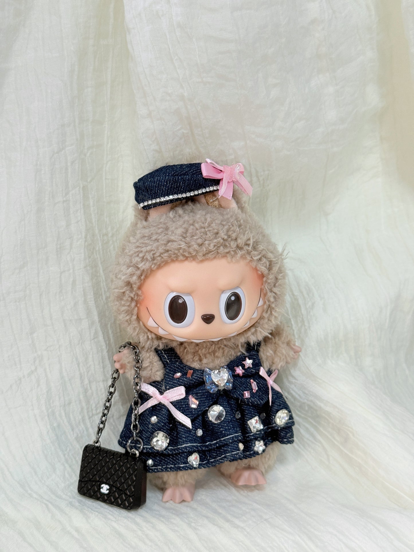 Labubu Clothes – Exclusive Denim & Rhinestone Dress Set (Handmade Sparkle Look)
