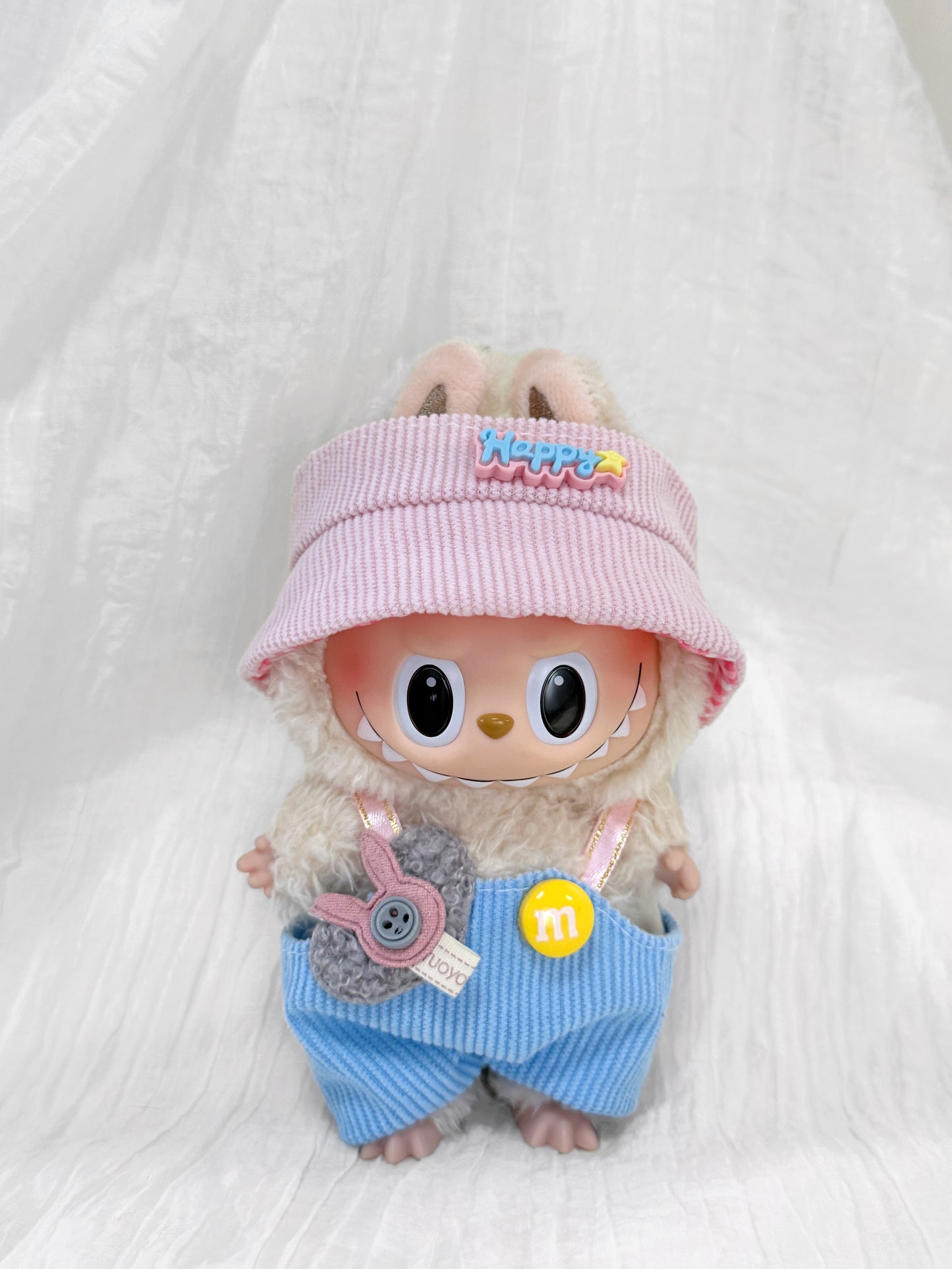 Labubu Clothes – Yellow Streetwear Overalls Set with Happy Bucket Hat (Handmade)