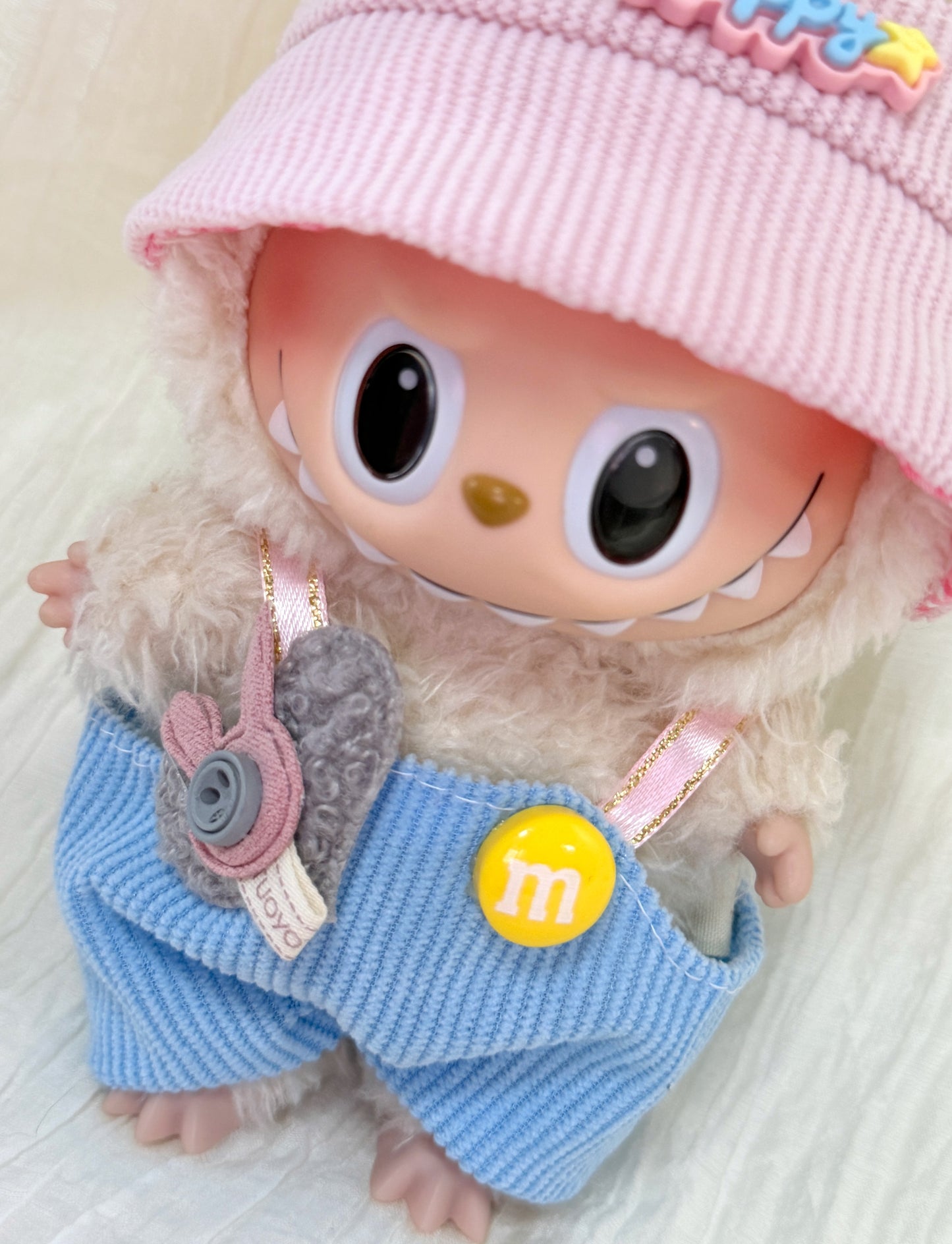 Labubu Clothes – Yellow Streetwear Overalls Set with Happy Bucket Hat (Handmade)