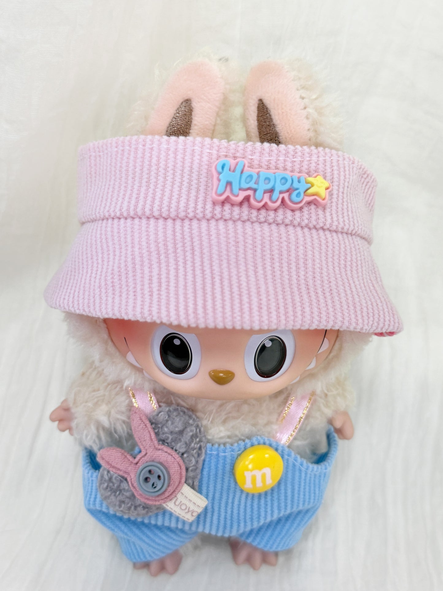 Labubu Clothes – Yellow Streetwear Overalls Set with Happy Bucket Hat (Handmade)