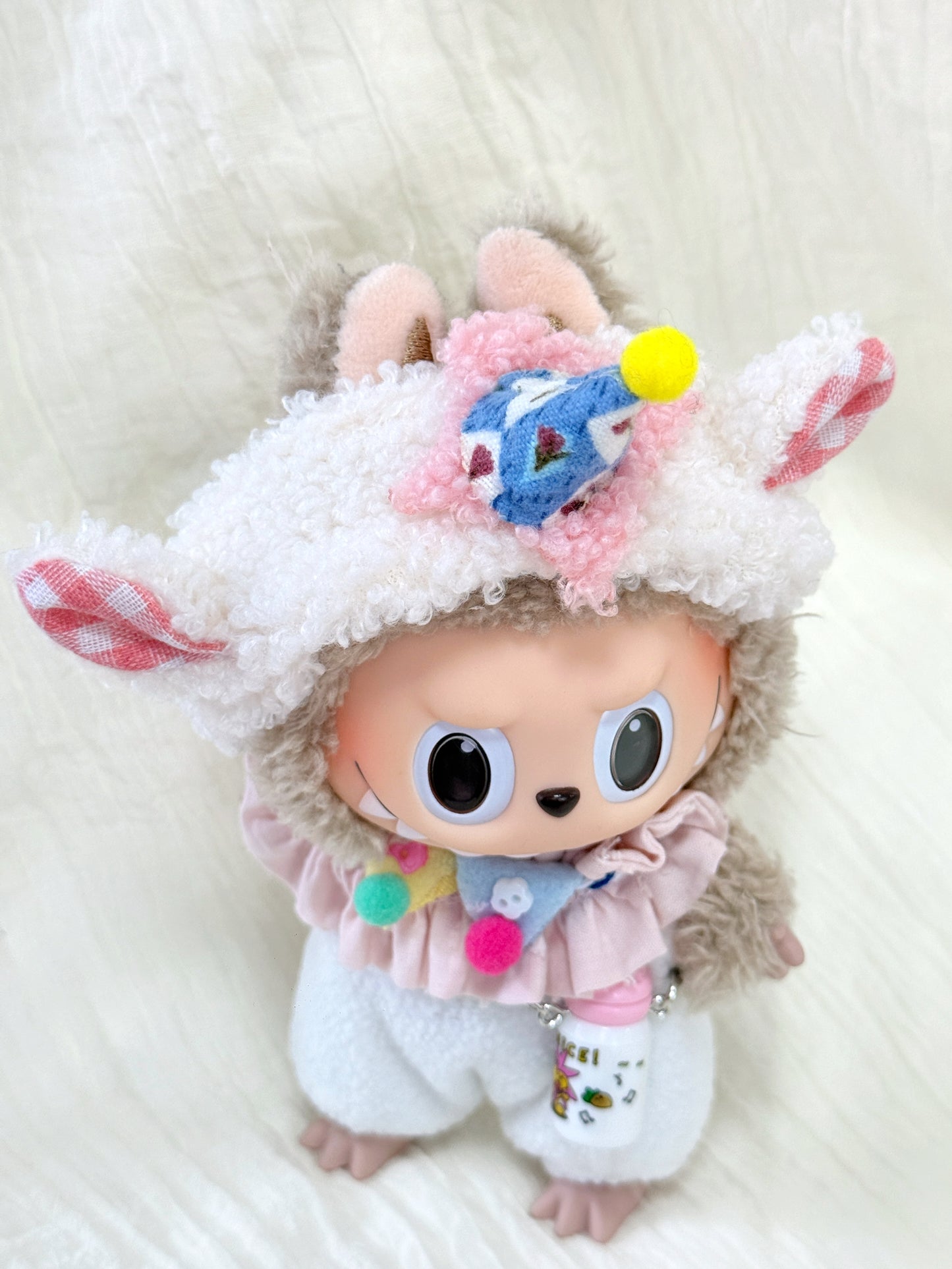 Labubu Clothes – Birthday Party Outfit Set with Pom-Pom Hat & Milk Bottle (Handmade)