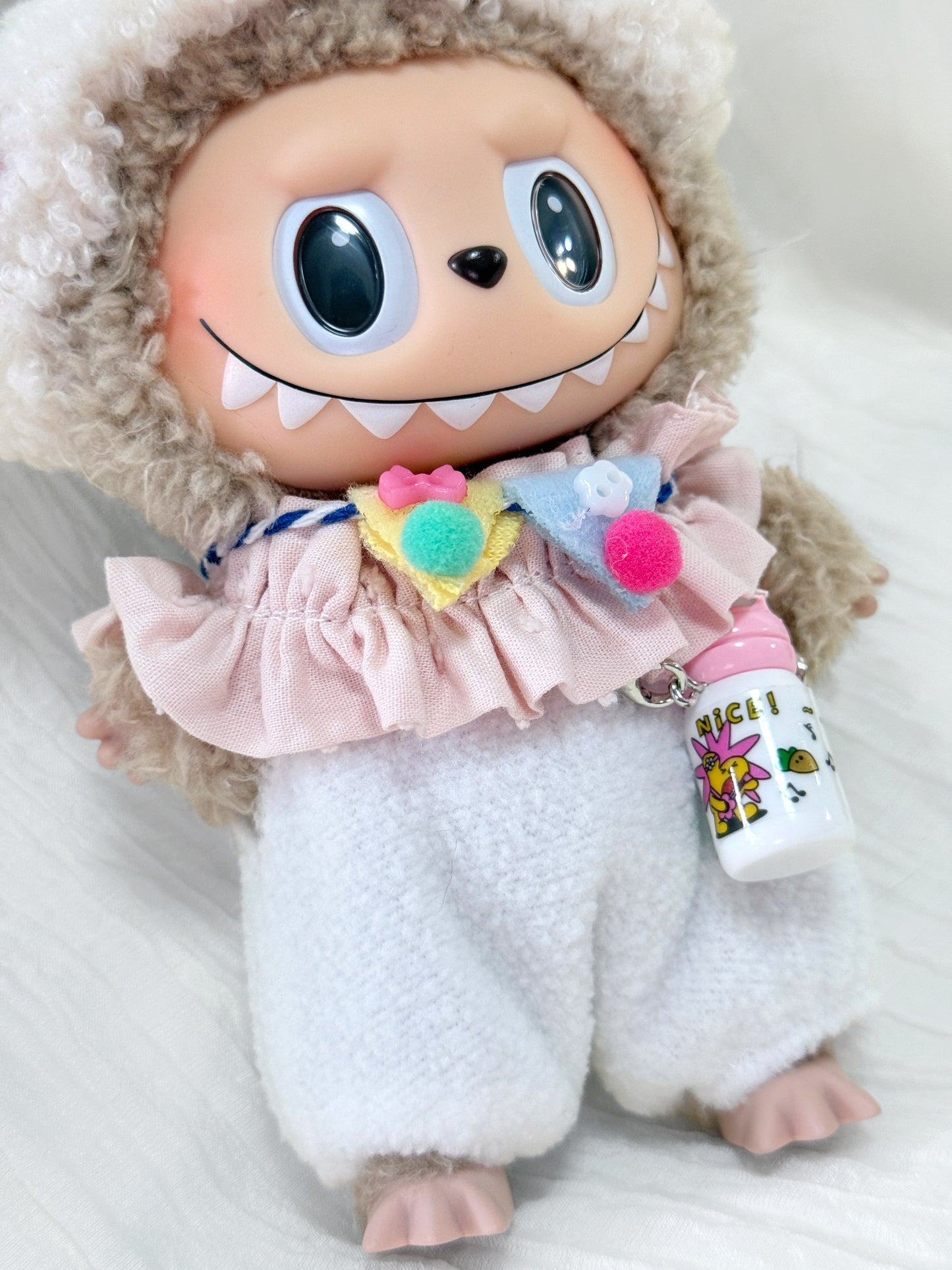 Labubu Clothes – Birthday Party Outfit Set with Pom-Pom Hat & Milk Bottle (Handmade)