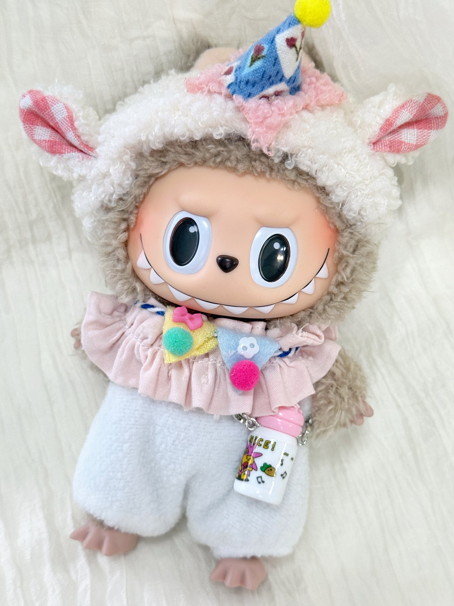 Labubu Clothes – Birthday Party Outfit Set with Pom-Pom Hat & Milk Bottle (Handmade)