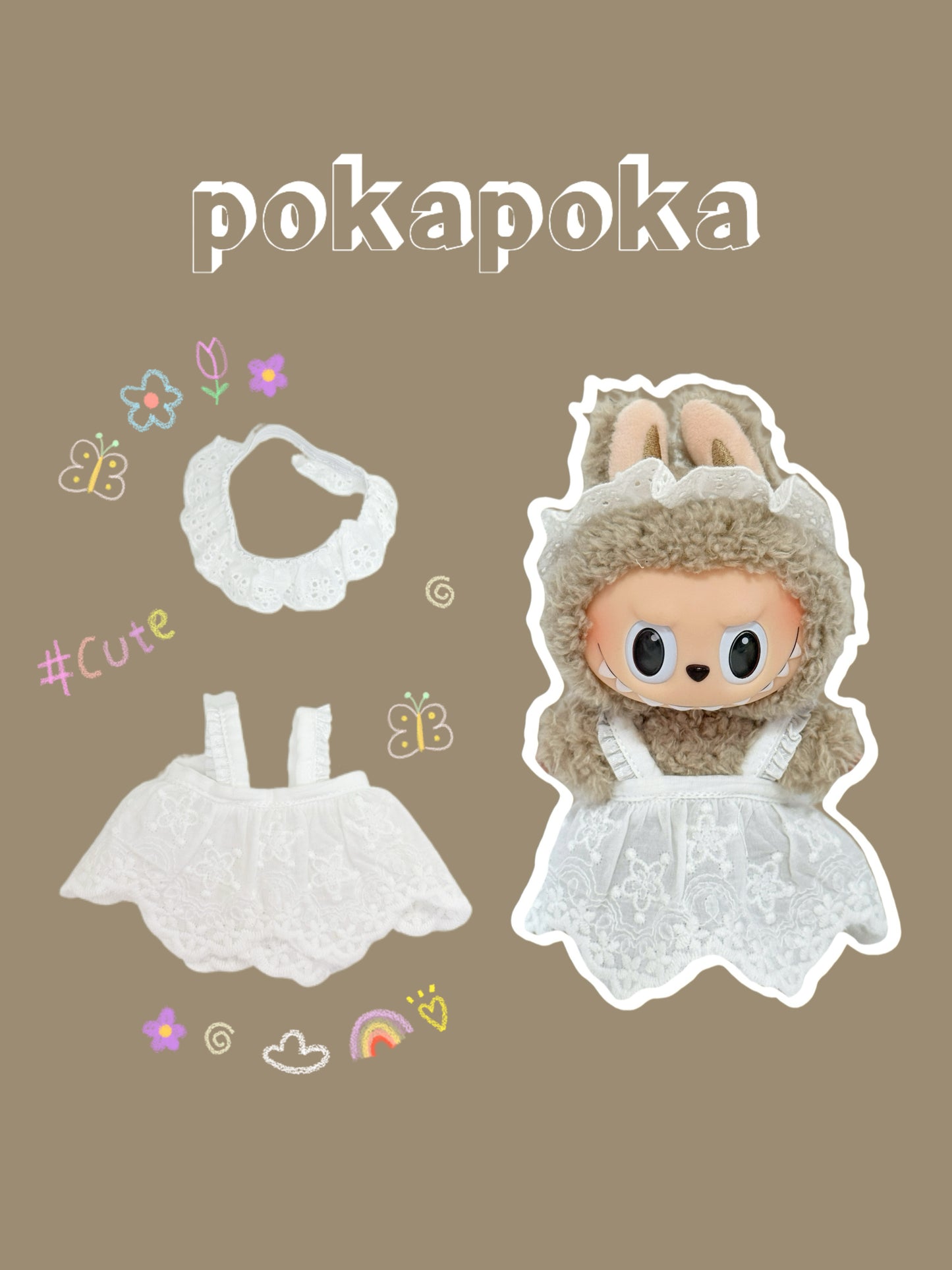 Labubu Clothes – White Embroidered Dress Set with Lace Collar (Handmade)
