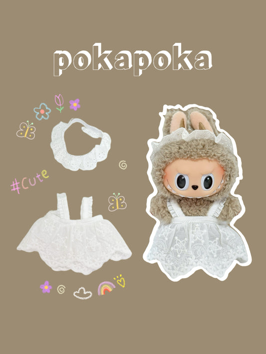 Labubu Clothes – White Embroidered Dress Set with Lace Collar (Handmade)
