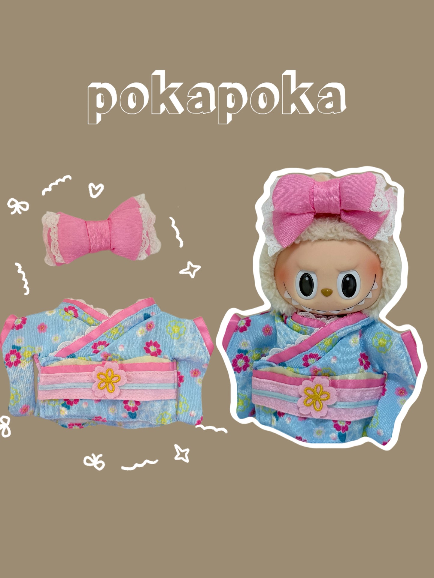 Labubu Clothes – Sakura Kimono-Inspired Outfit with Lace Bow (Handmade)