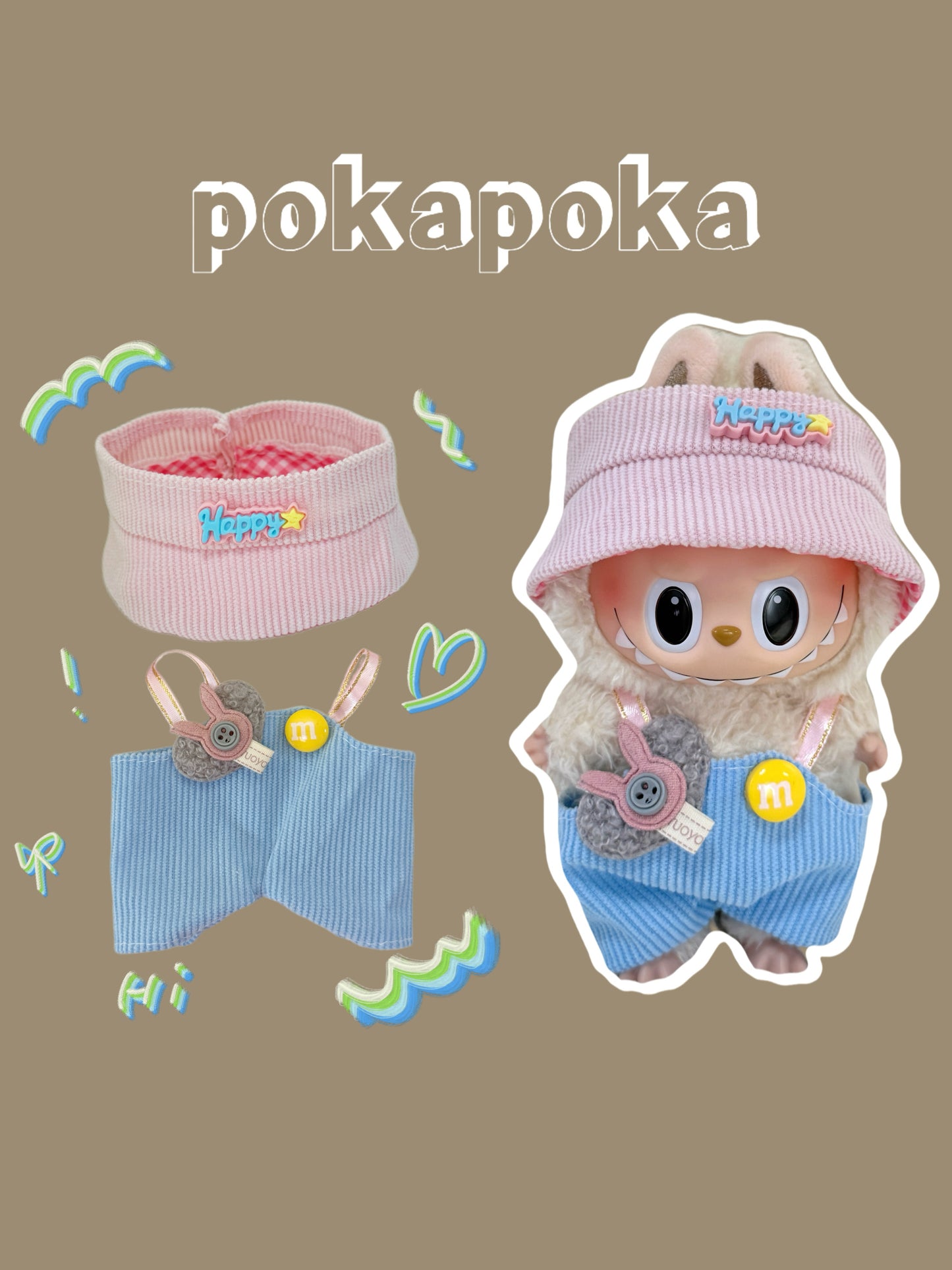 Labubu Clothes – Yellow Streetwear Overalls Set with Happy Bucket Hat (Handmade)