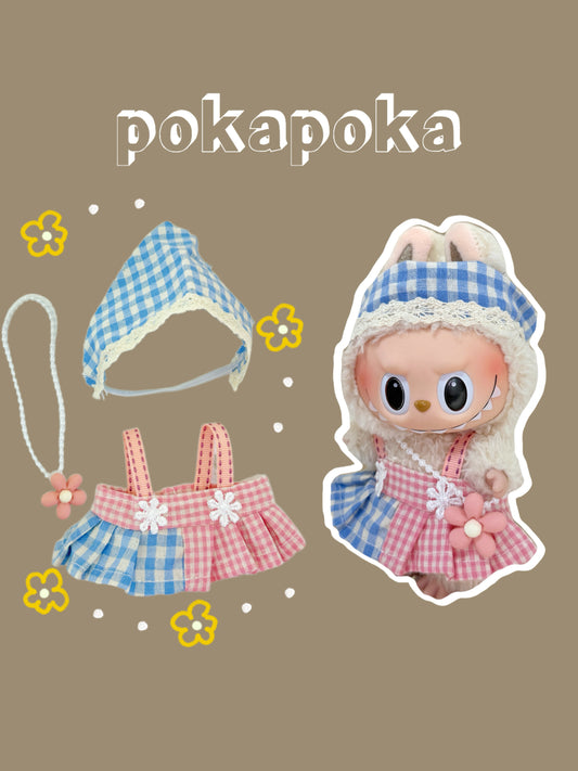 Labubu Clothes – Cottagecore Gingham Dress Set with Bonnet & Flower Bag (Handmade)