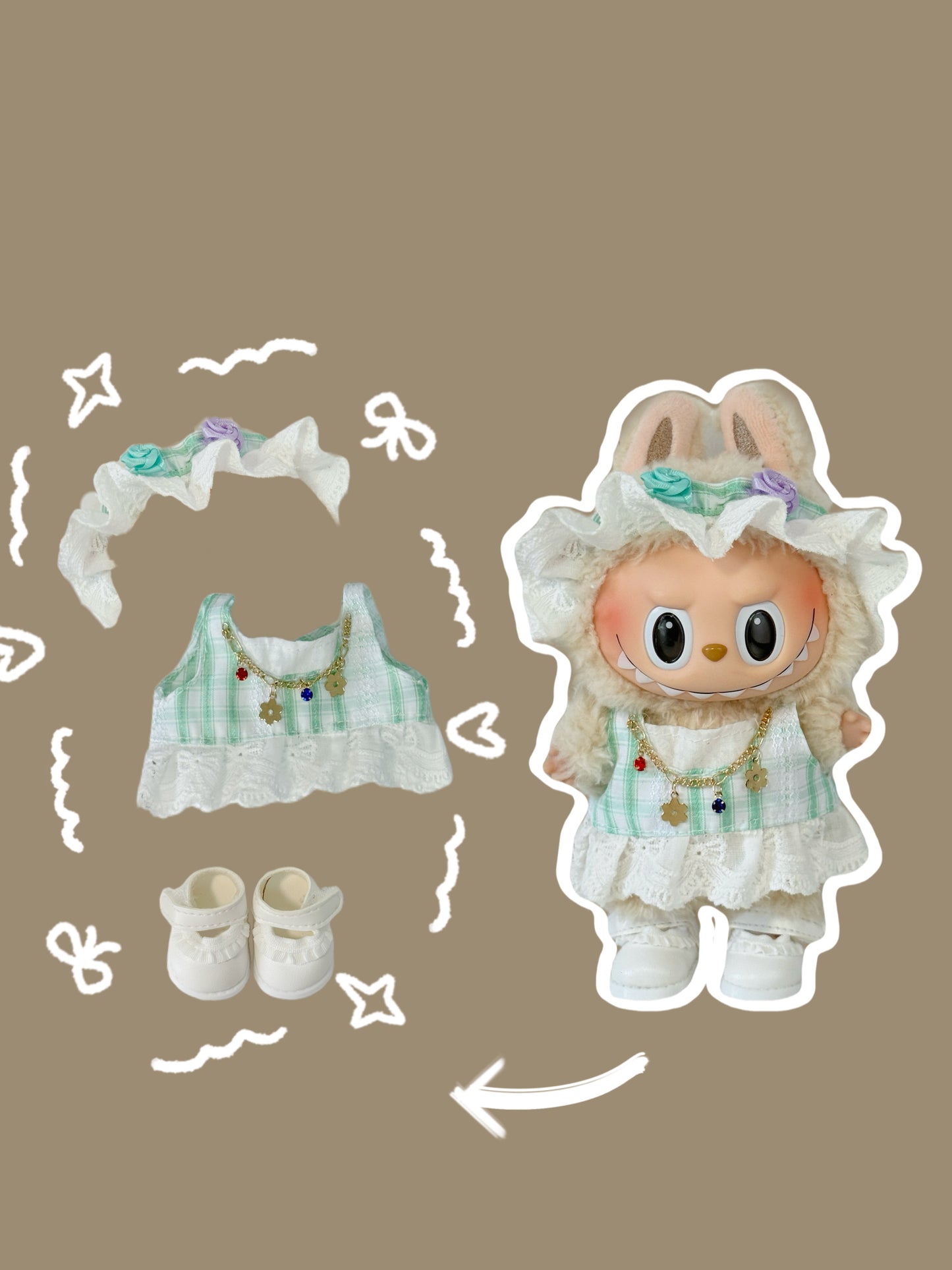 Labubu Clothes – Gingham Lace Dress Set in Green or Pink (Handmade Sweet Look)