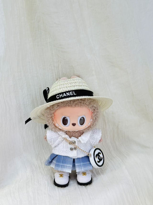 Labubu Clothes – Fresh Campus Outfit Set with Skirt & Ribbon Tie (Handmade Preppy Look)