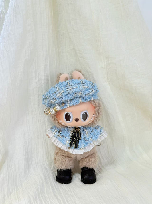Labubu Clothes – Elegant Blue Outfit with Pearl Accents (Jennie Vibes, Handmade Limited)