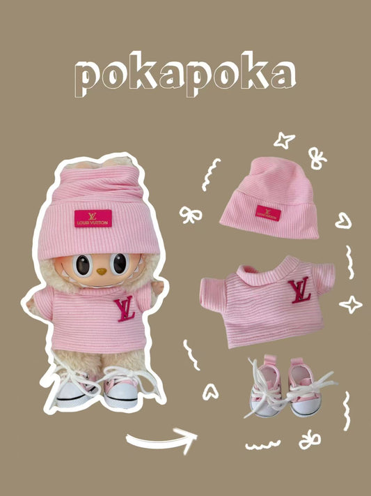 Labubu Clothes – Pink Knit Casual Outfit Set with Overalls & Bow (Handmade Soft Look)