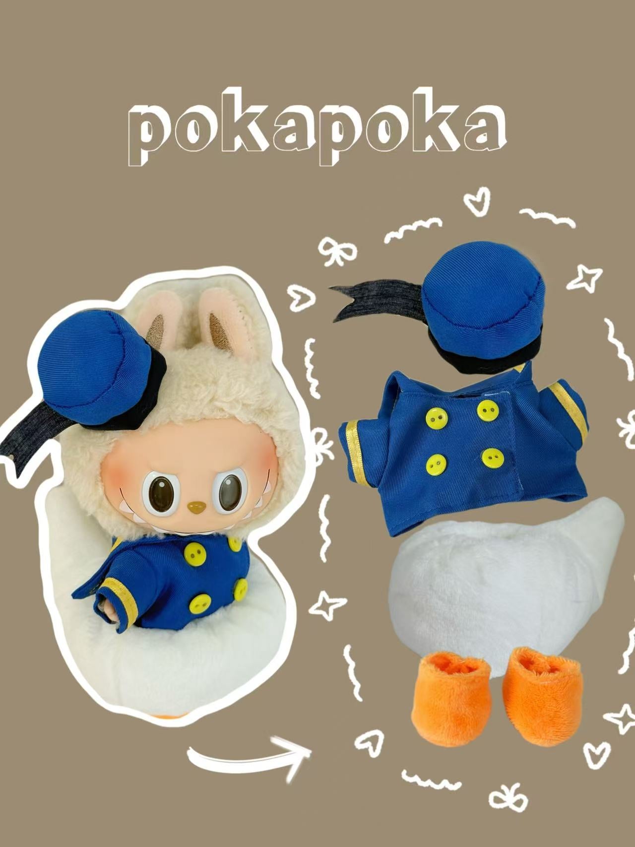 Labubu Clothes – Bunny Ear Sailor Outfit Set with Ribbon Bow (Handmade Cutie Look)