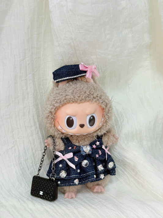 Labubu Clothes – Exclusive Denim & Rhinestone Dress Set (Handmade Sparkle Look)