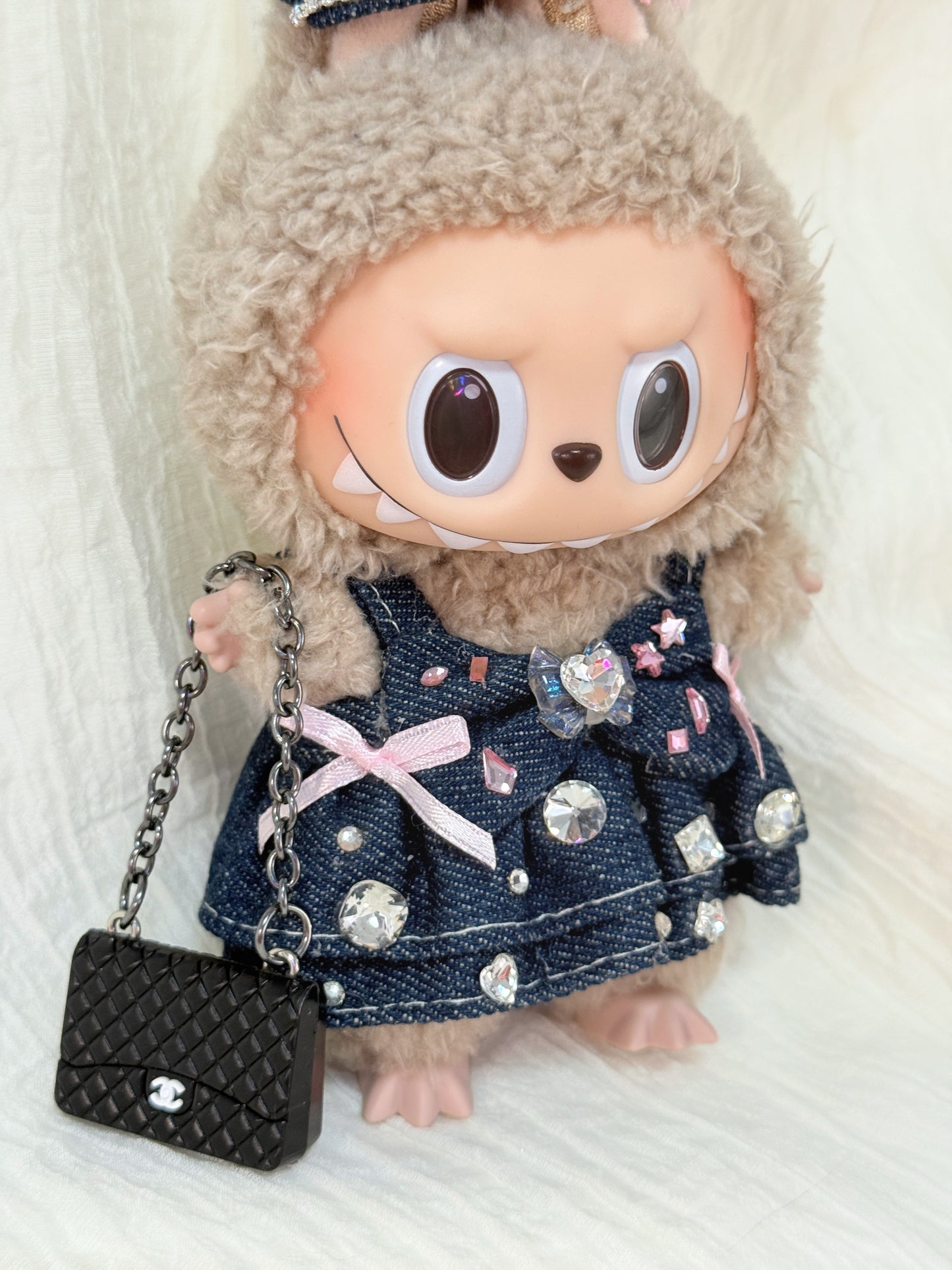 Labubu Clothes – Exclusive Denim & Rhinestone Dress Set (Handmade Sparkle Look)