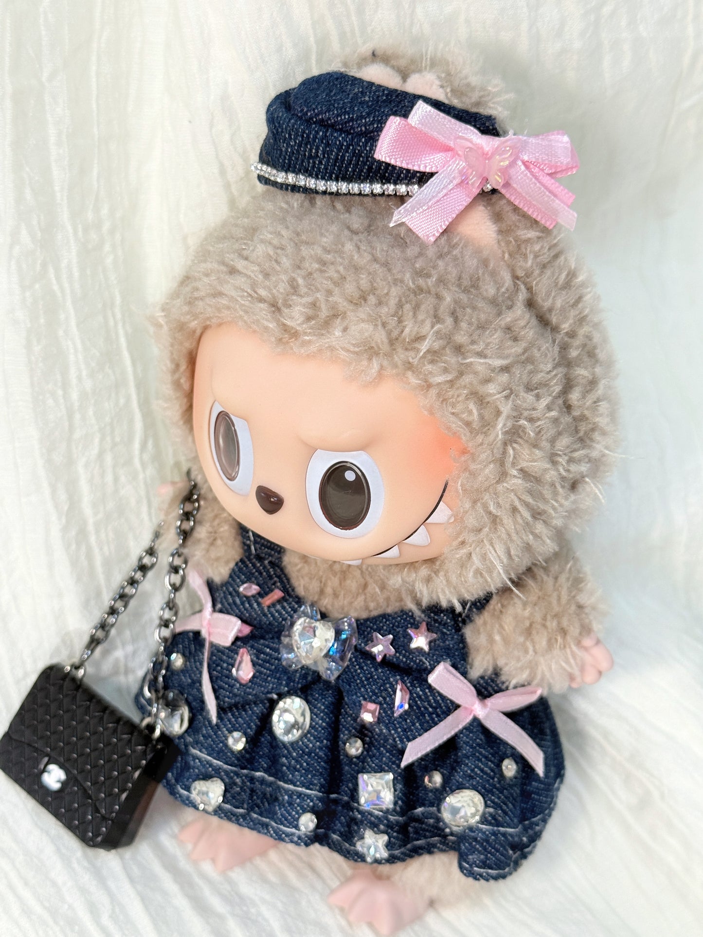 Labubu Clothes – Exclusive Denim & Rhinestone Dress Set (Handmade Sparkle Look)