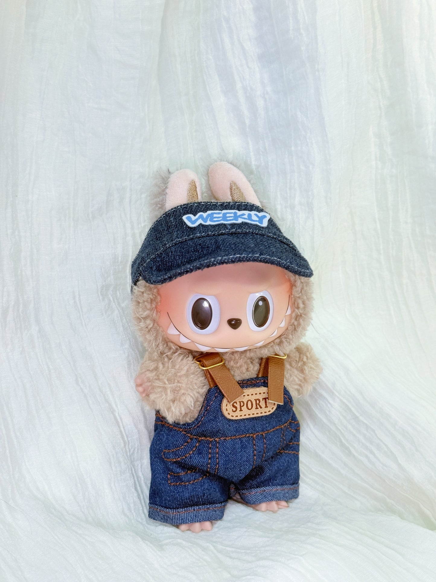 Labubu Clothes – Denim Overalls & Sporty Cap Set (Handmade Streetwear Look)