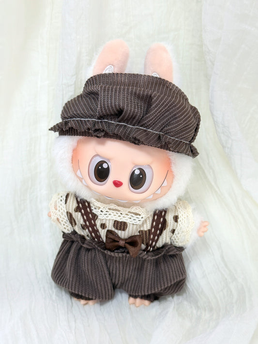 Labubu Clothes – Vintage Cocoa Overalls Set with Slouchy Hat (Handmade)
