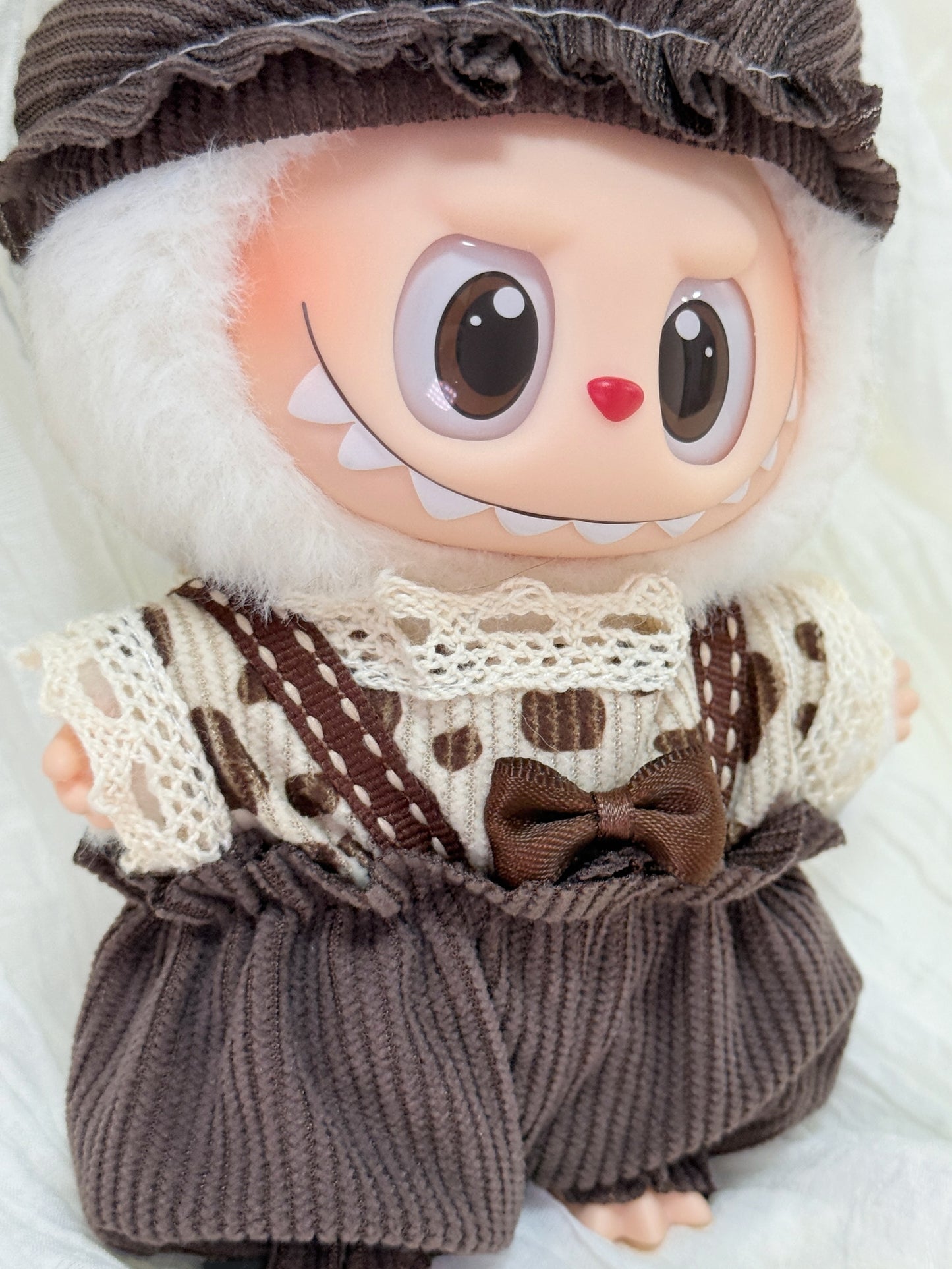 Labubu Clothes – Vintage Cocoa Overalls Set with Slouchy Hat (Handmade)