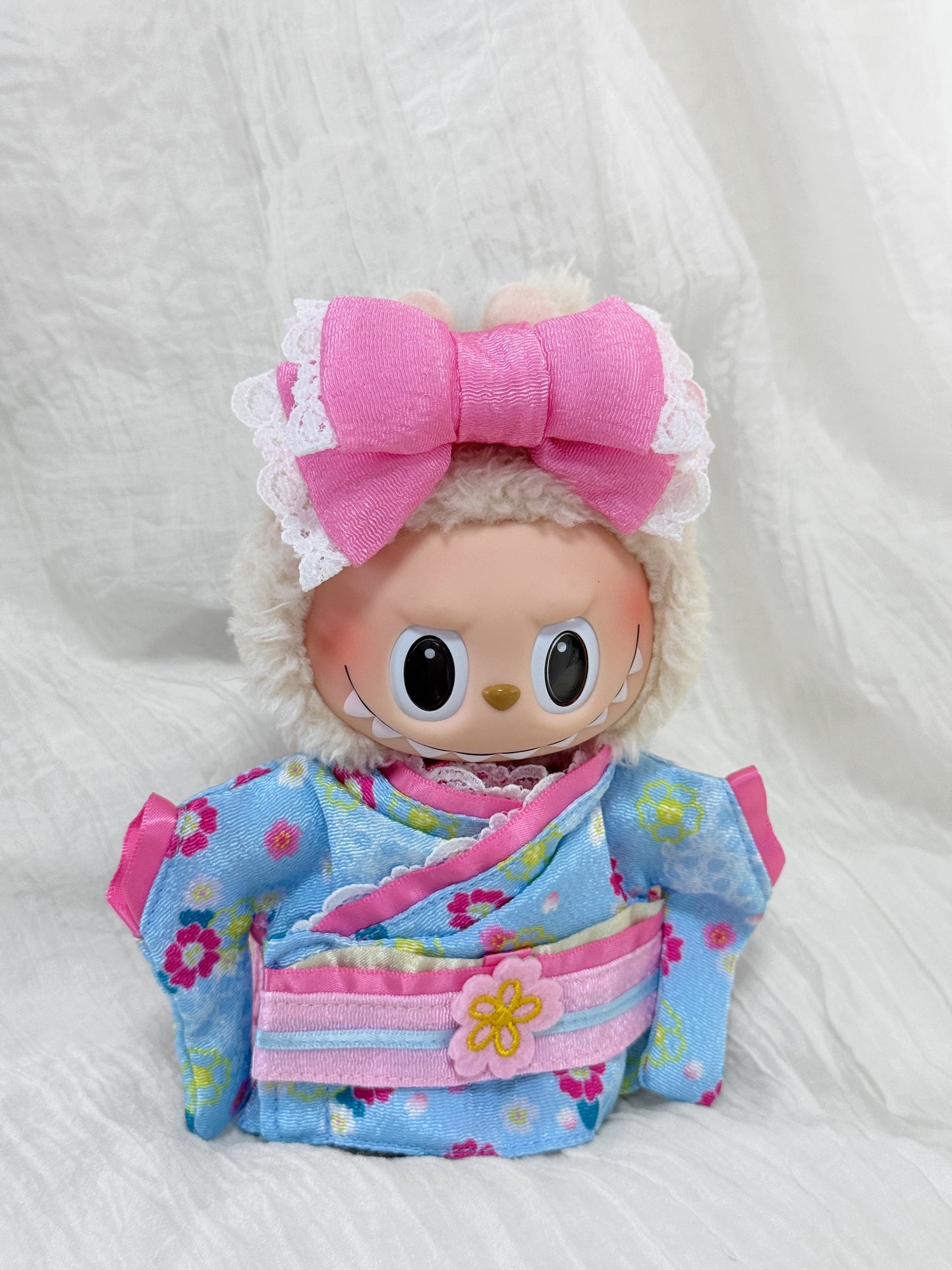 Labubu Clothes – Sakura Kimono-Inspired Outfit with Lace Bow (Handmade)