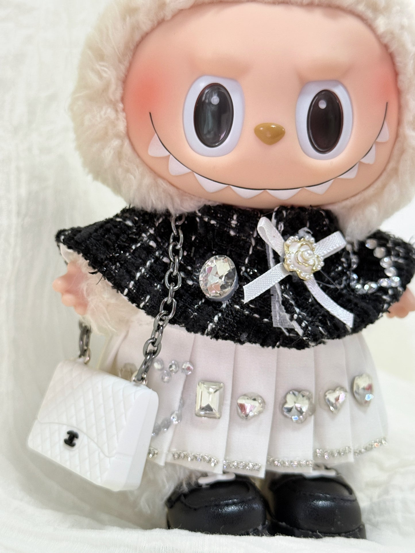 Labubu Clothes – Exclusive Black & White Tweed Dress Set (Chanel-Inspired, Handmade)