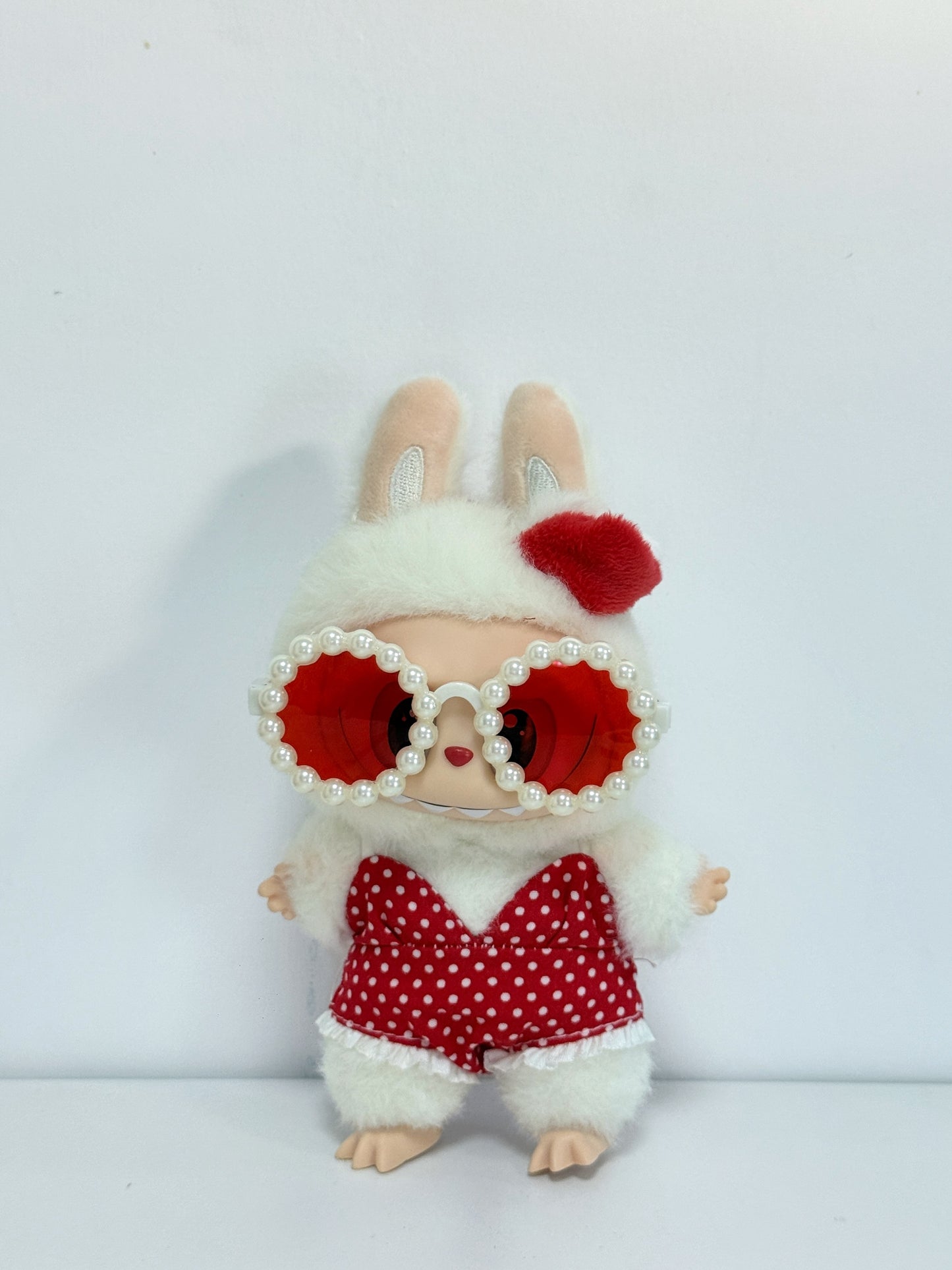 Labubu Clothes – Retro Polka Dot Swimsuit Set with Pearl Sunglasses (Handmade Summer Look)