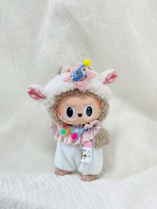 Labubu Clothes – Birthday Party Outfit Set with Pom-Pom Hat & Milk Bottle (Handmade)
