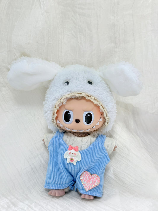 Labubu Clothes – Bunny Ears Hoodie & Blue Overalls Set (Handmade Cute Look)