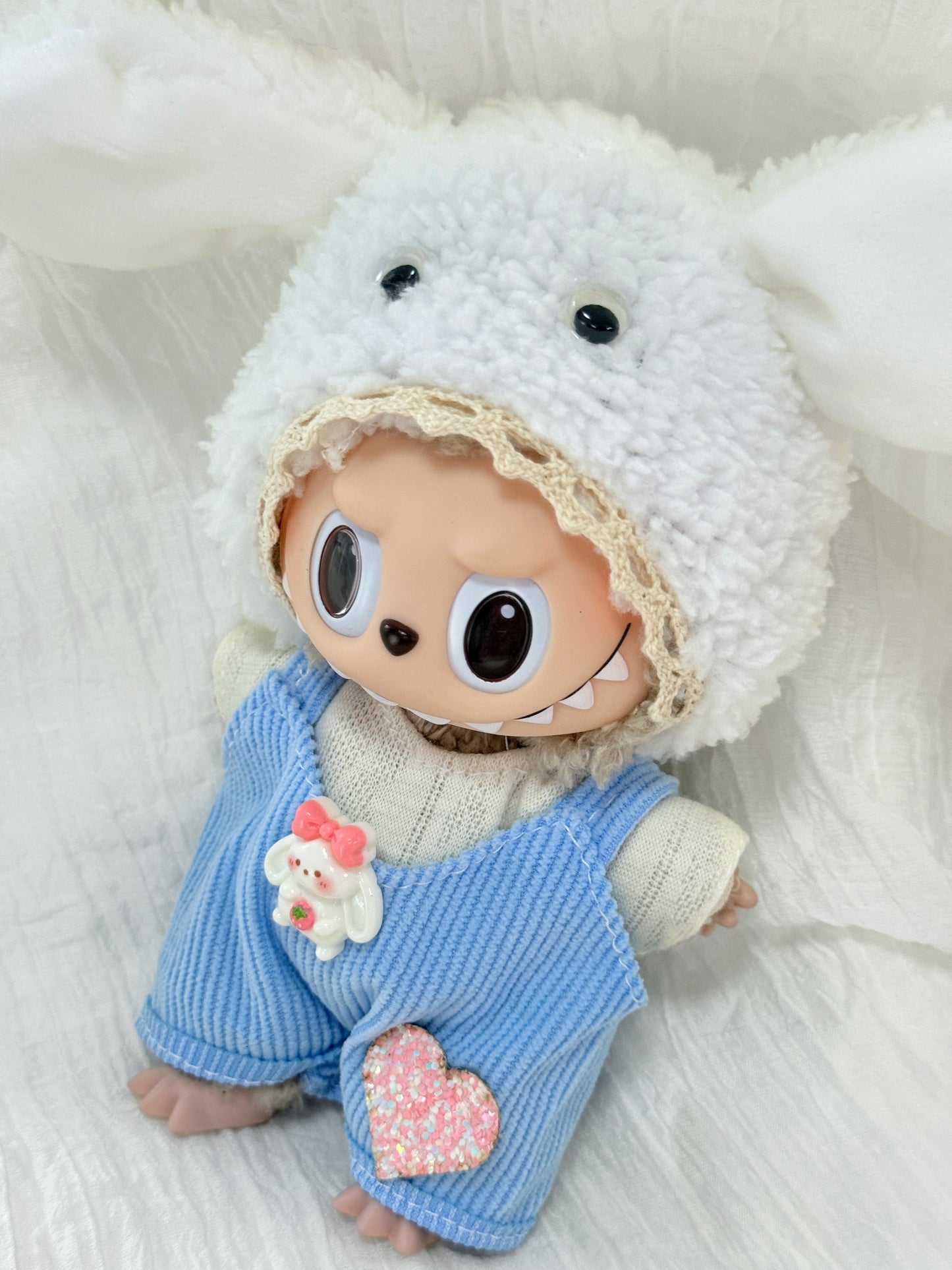 Labubu Clothes – Bunny Ears Hoodie & Blue Overalls Set (Handmade Cute Look)