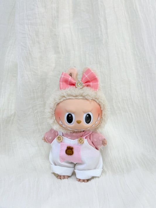 Labubu Clothes – Sweet Pink Overalls Set with Bow Headband (Handmade)