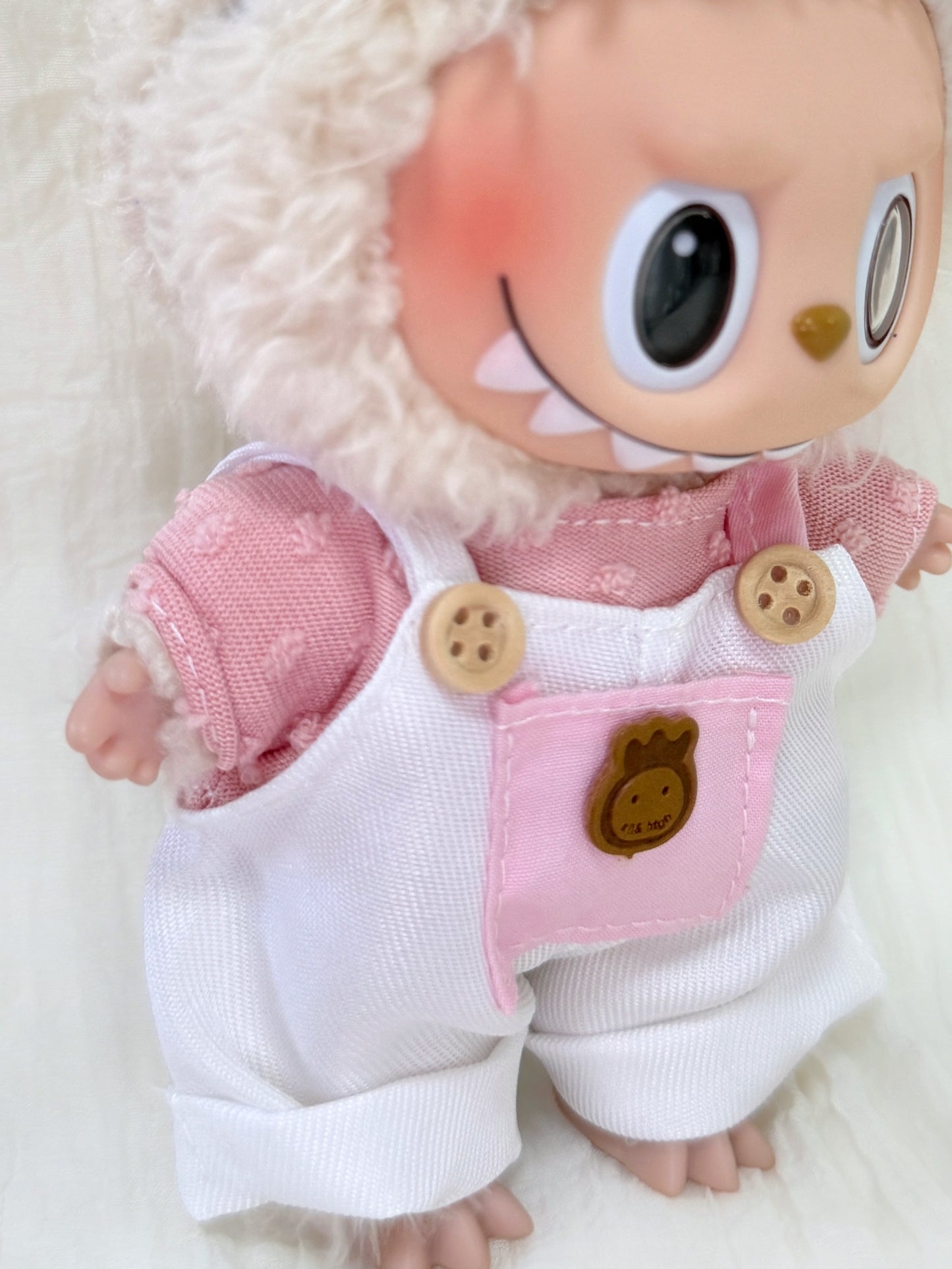 Labubu Clothes – Sweet Pink Overalls Set with Bow Headband (Handmade)