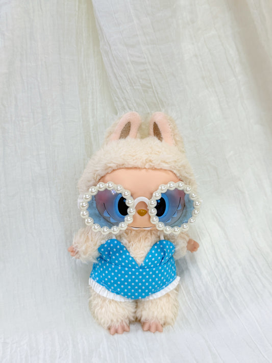 Labubu Swimsuit Clothes – Blue Polka Dot Bikini Look with Pearl Sunglasses