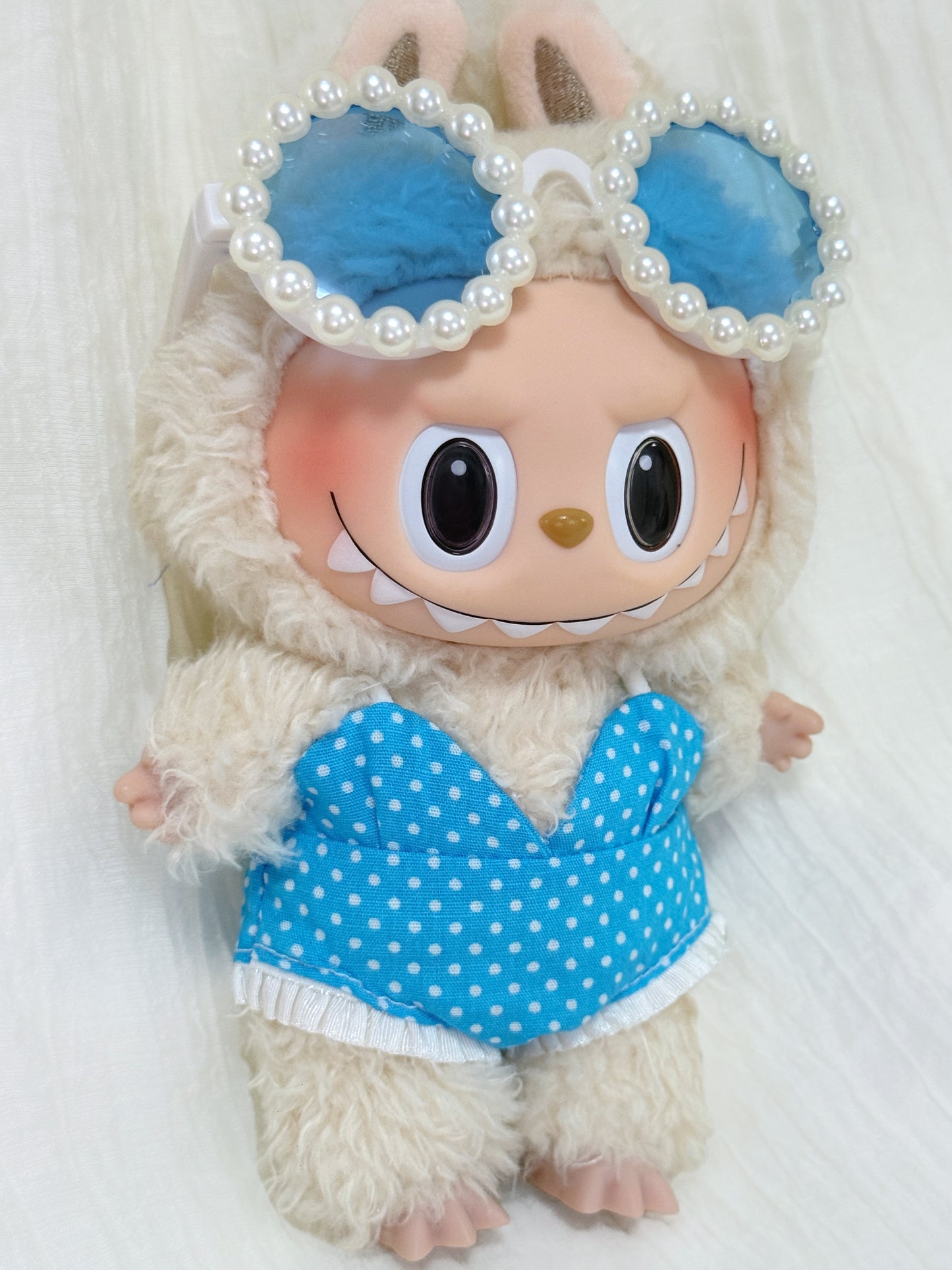 Labubu Swimsuit Clothes – Blue Polka Dot Bikini Look with Pearl Sunglasses