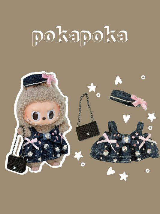 Labubu Clothes – Exclusive Denim & Rhinestone Dress Set (Handmade Sparkle Look)