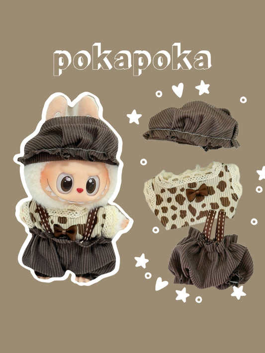 Labubu Clothes – Vintage Cocoa Overalls Set with Slouchy Hat (Handmade)