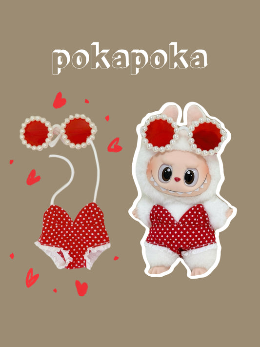 Labubu Clothes – Retro Polka Dot Swimsuit Set with Pearl Sunglasses (Handmade Summer Look)