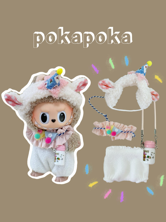 Labubu Clothes – Birthday Party Outfit Set with Pom-Pom Hat & Milk Bottle (Handmade)