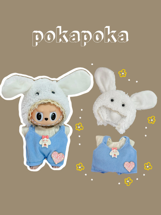 Labubu Clothes – Bunny Ears Hoodie & Blue Overalls Set (Handmade Cute Look)