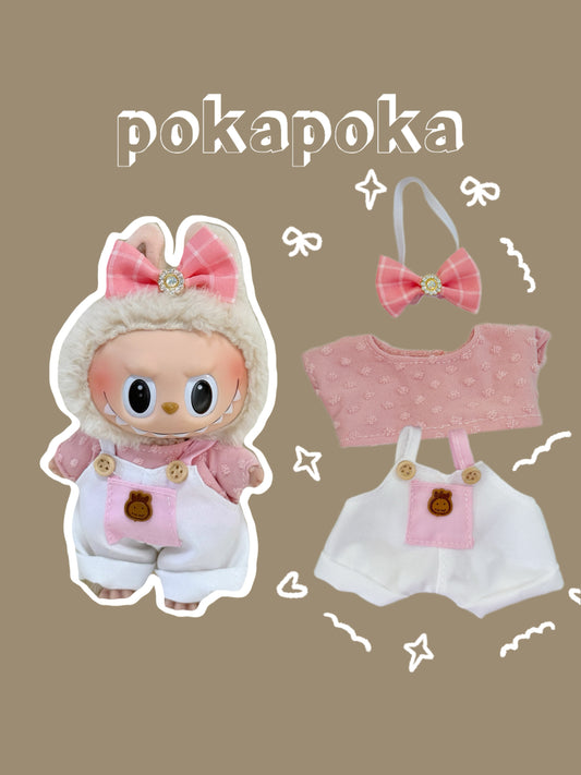 Labubu Clothes – Sweet Pink Overalls Set with Bow Headband (Handmade)