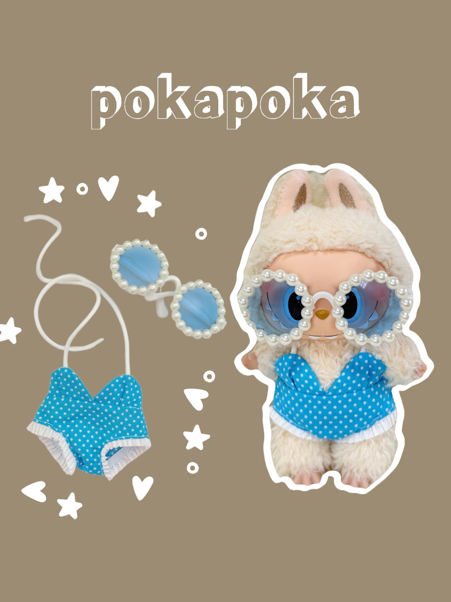 Labubu Swimsuit Clothes – Blue Polka Dot Bikini Look with Pearl Sunglasses