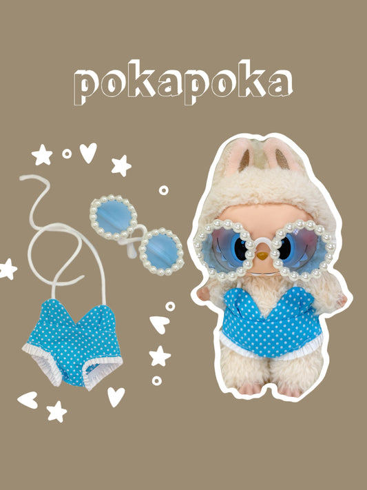 Labubu Swimsuit Clothes – Blue Polka Dot Bikini Look with Pearl Sunglasses