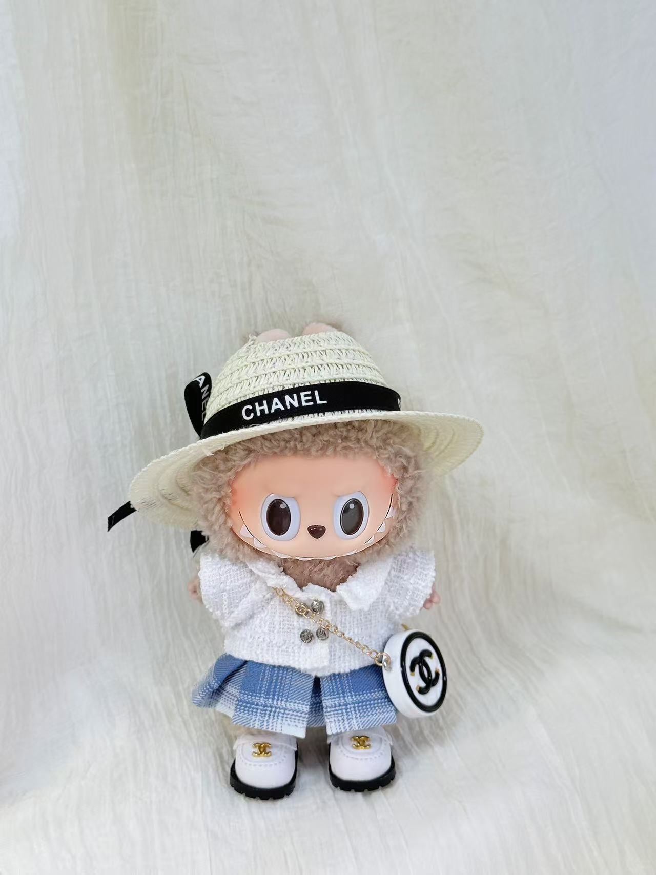 Labubu Clothes – Fresh Campus Outfit Set with Skirt & Ribbon Tie (Handmade Preppy Look)