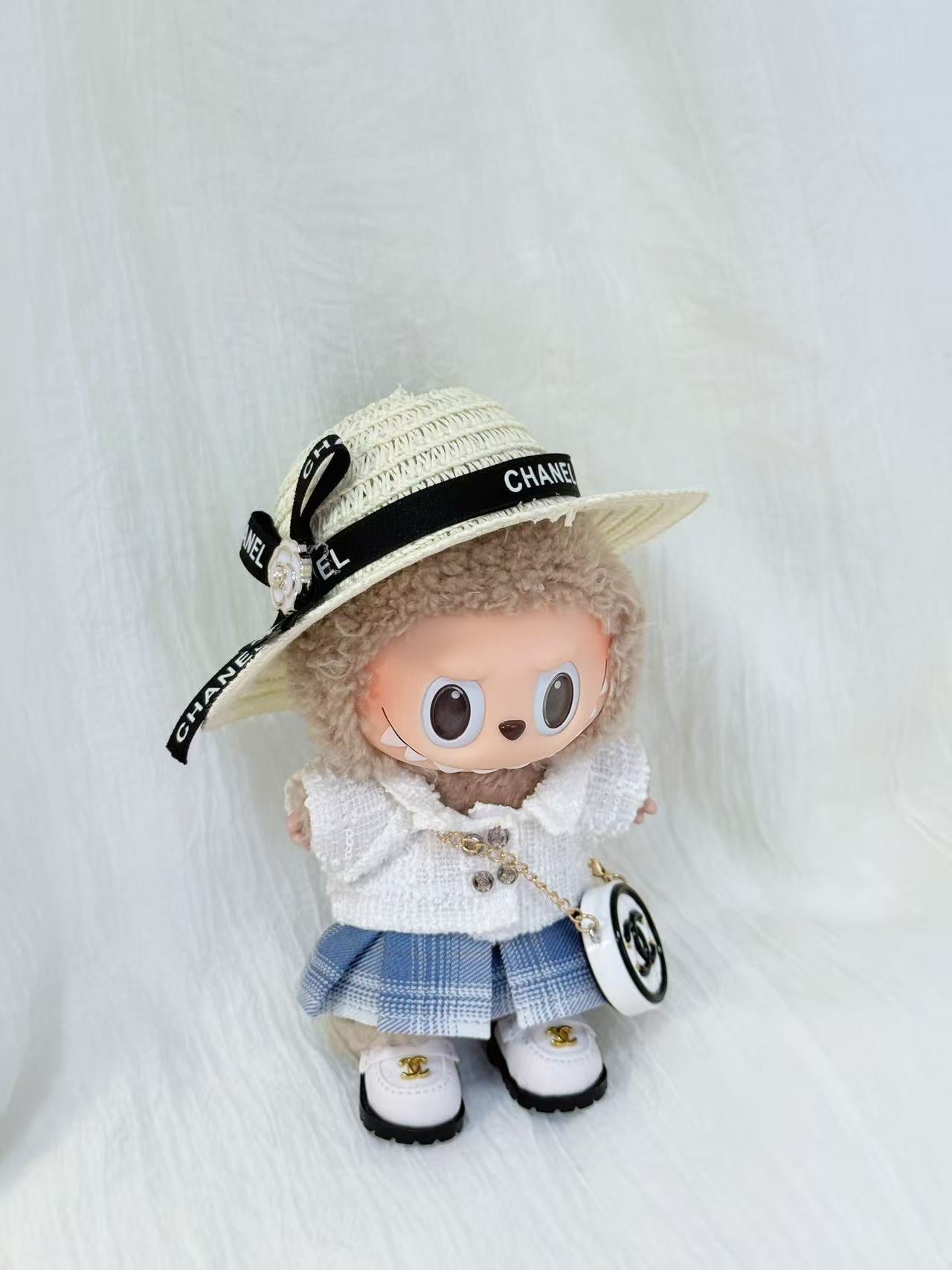 Labubu Clothes – Fresh Campus Outfit Set with Skirt & Ribbon Tie (Handmade Preppy Look)
