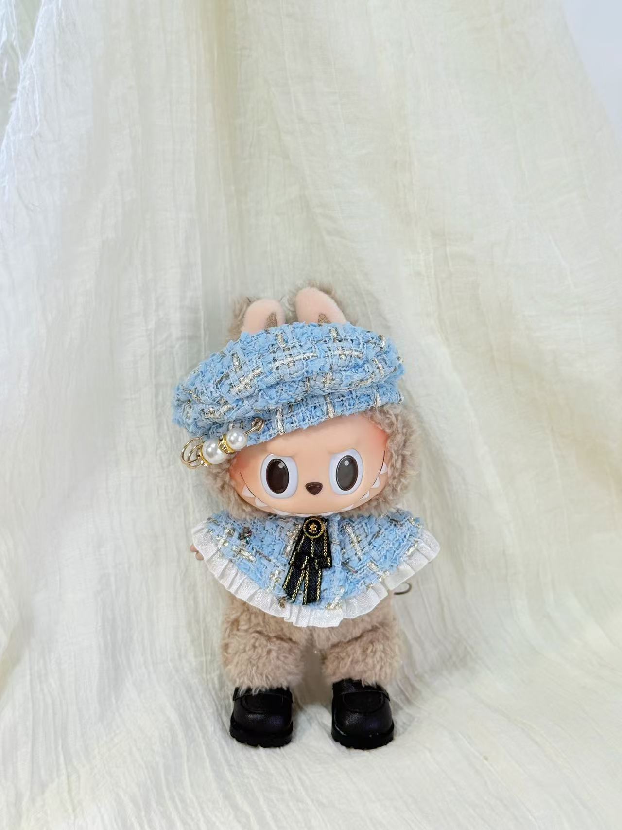 Labubu Clothes – Elegant Blue Outfit with Pearl Accents (Jennie Vibes, Handmade Limited)