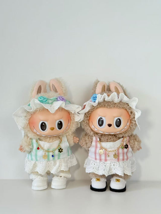 Labubu Clothes – Gingham Lace Dress Set in Green or Pink (Handmade Sweet Look)