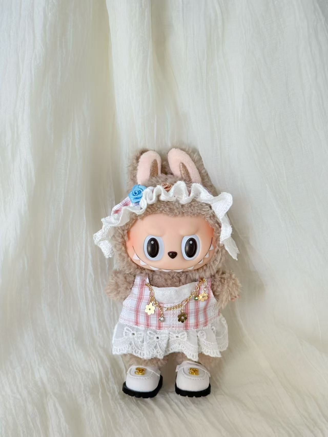 Labubu Clothes – Gingham Lace Dress Set in Green or Pink (Handmade Sweet Look)
