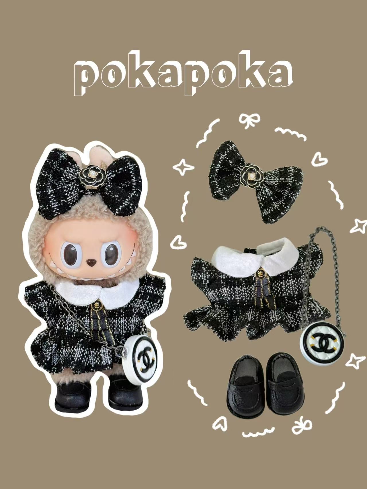 Labubu Clothes – French-Inspired Tweed Dress Set with Chain Bag (Handmade Classic Look)