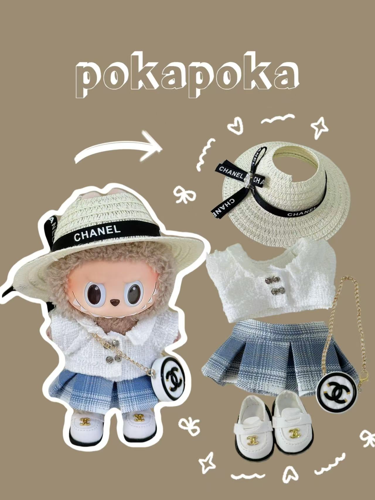 Labubu Clothes – Fresh Campus Outfit Set with Skirt & Ribbon Tie (Handmade Preppy Look)