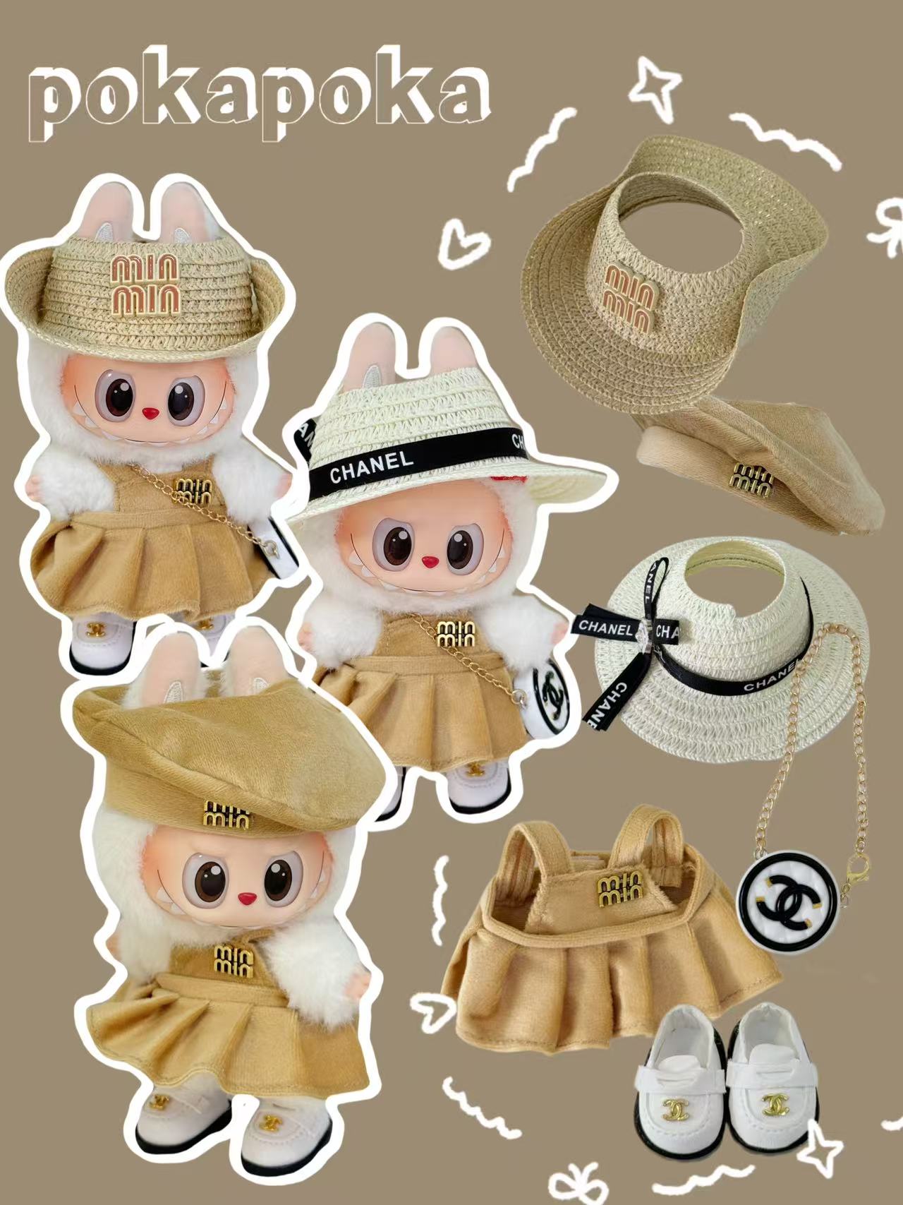 Labubu Clothes – Vintage Idol-Inspired Outfit Set with 3 Hat Styles (Handmade)