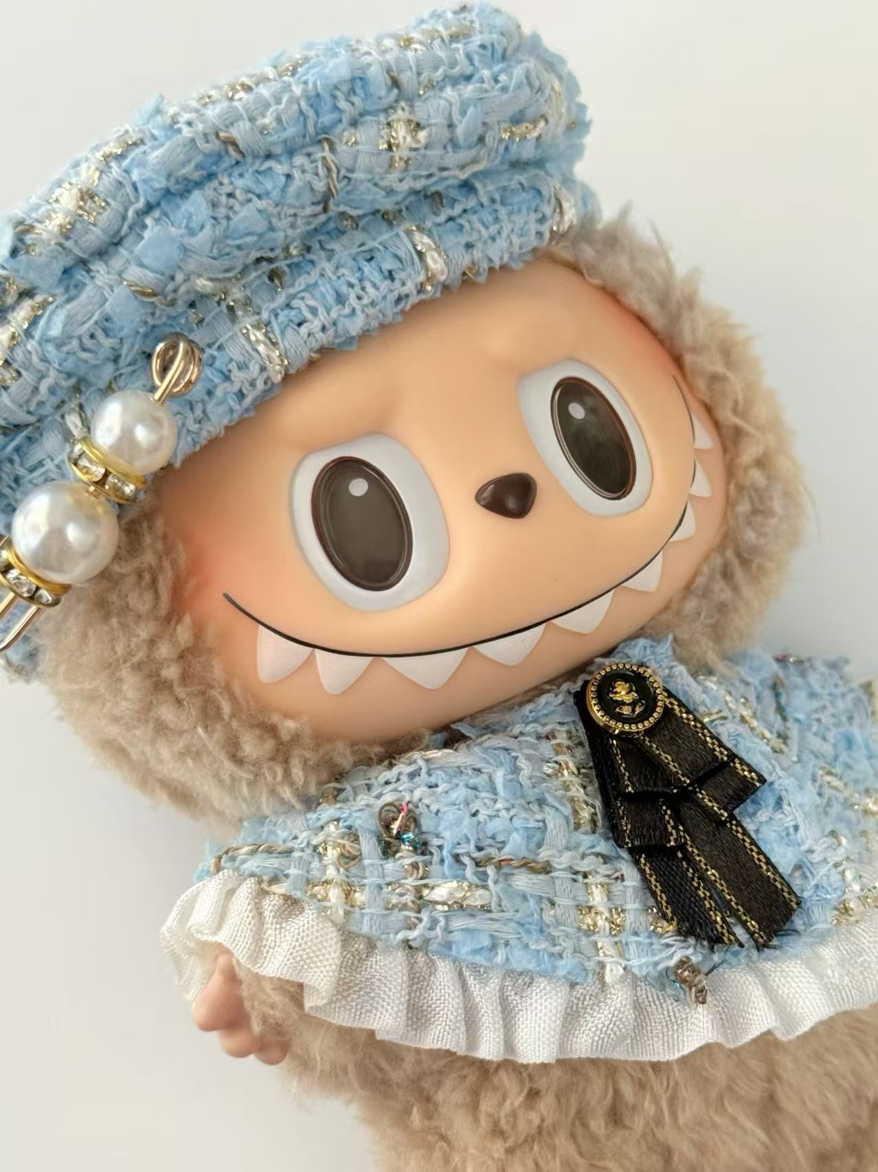 Labubu Clothes – Elegant Blue Outfit with Pearl Accents (Jennie Vibes, Handmade Limited)